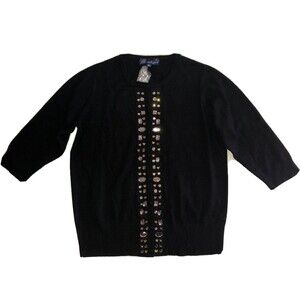 Susan Graver Style Womens Cardigan Sweater Medium Button Up Black Rhinestones